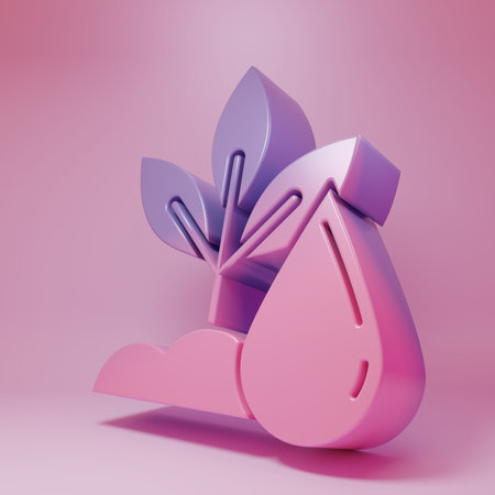 Purple-pink Watering plant icon isolated on pink background. Seed and seedling. Irrigation symbol. Leaf nature. Minimalism concept. 3D render illustration.の写真素材
