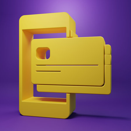 Yellow Mobile phone and credit card icon isolated on purple background. Smartphone online payment concept. NFC payment. Transfer icon. Minimalism concept. 3D render illustration.の写真素材