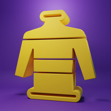 Yellow sweater with ornaments and decorations icon isolated on purple background. Knitted winter jumper. Minimalism concept. 3D render illustration.の写真素材