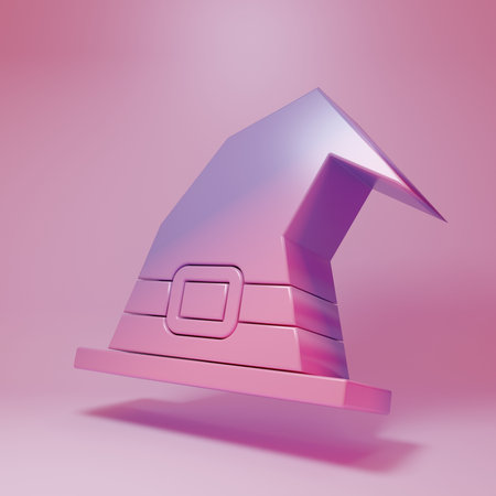 Purple-pink Witch hat icon isolated on pink background. Happy Halloween party. Minimalism concept. 3D render illustration.の写真素材