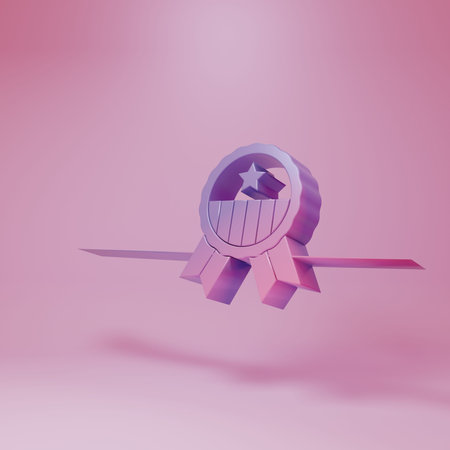 Purple-pink Medal with star icon isolated on pink background. Winner achievement sign. Award medal....