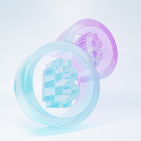 Frosted glass Cryptocurrency coin Bitcoin icon isolated on white background. Physical bit coin. Blockchain based secure crypto currency. Minimalism concept. 3D render illustration.の写真素材
