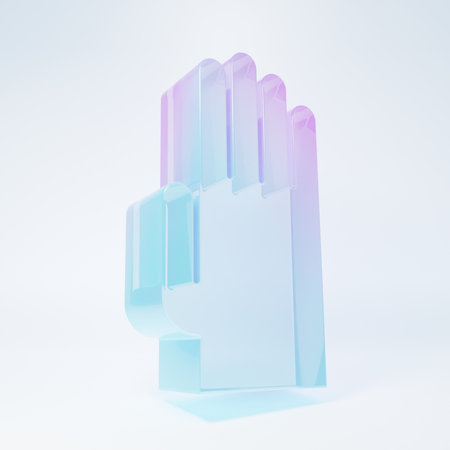 Frosted glass Rubber gloves icon isolated on white background. Latex hand protection sign. Housework cleaning equipment symbol. Minimalism concept. 3D render illustration.の写真素材