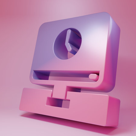 Purple-pink Computer monitor time icon isolated on pink background. Electronic device. Front view. Minimalism concept. 3D render illustration.の写真素材