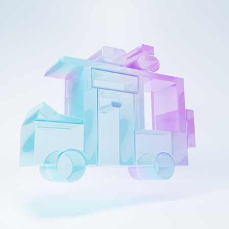 Frosted glass Rv Camping trailer icon isolated on white background. Travel mobile home, caravan, home camper for travel. Minimalism concept. 3D render illustration.の写真素材