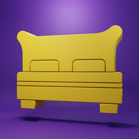 Yellow Big bed for two or one person icon isolated on purple background. Minimalism concept. 3D render illustration.の写真素材