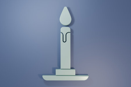 Gray Burning candle in candlestick icon isolated on purple-blue background. Cylindrical candle stick with burning flame. Minimalism concept. 3D render illustration.の写真素材