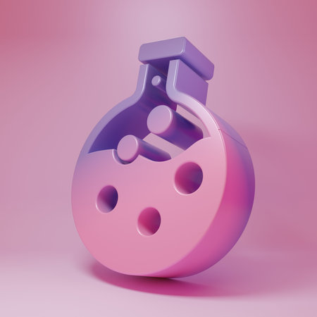 Purple-pink Test tube and flask chemical laboratory test icon isolated on pink background. Laboratory glassware sign. Minimalism concept. 3D render illustration.の写真素材