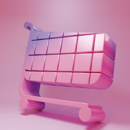 Purple-pink Shopping cart icon isolated on pink background. Online buying concept. Delivery service sign. Supermarket basket symbol. Minimalism concept. 3D render illustration.の写真素材