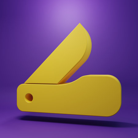 Yellow army knife icon isolated on purple background. Multi-tool, multipurpose penknife. Multifunctional tool. Minimalism concept. 3D render illustration.の写真素材