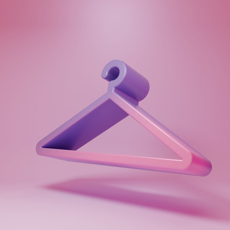 Purple-pink Hanger wardrobe icon isolated on pink background. Cloakroom icon. Clothes service symbol. Laundry hanger sign. Minimalism concept. 3D render illustration.の写真素材