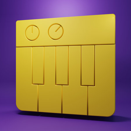 Yellow Music synthesizer icon isolated on purple background. Electronic piano. Minimalism concept. 3D render illustration.の写真素材