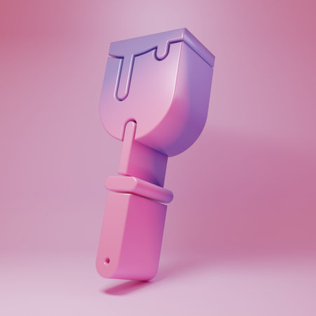 Purple-pink Putty knife icon isolated on pink background. Spatula repair tool. Spackling or paint instruments. Minimalism concept. 3D render illustration.の写真素材