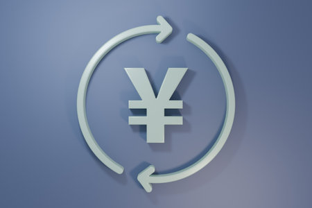 Gray Coin money with Yen symbol icon isolated on purple-blue background. Banking currency sign. Cash symbol. Minimalism concept. 3D render illustration.の写真素材