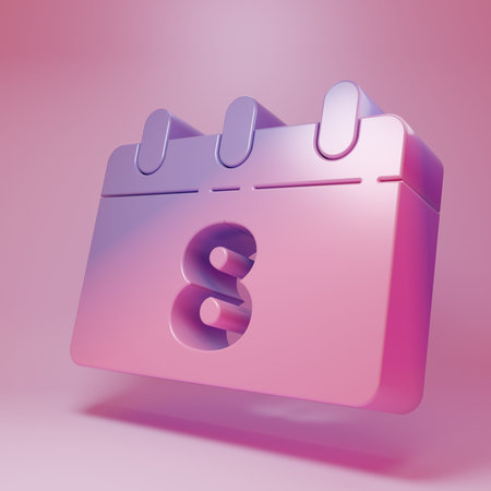 Purple-pink Calendar with 8 March icon isolated on pink background. International Happy Women's Day. Minimalism concept. 3D render illustration.の写真素材