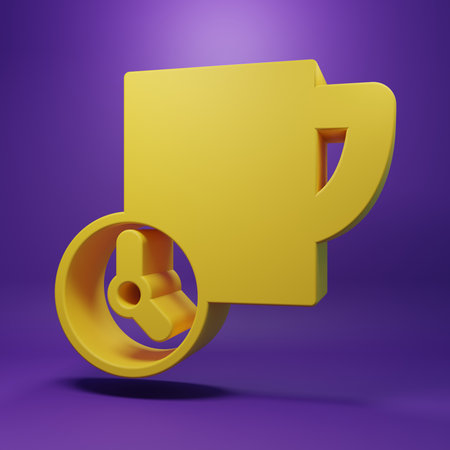 Yellow Time management icon isolated on purple background. Clock and coffee cup sign. Productivity symbol. Minimalism concept. 3D render illustration.の写真素材