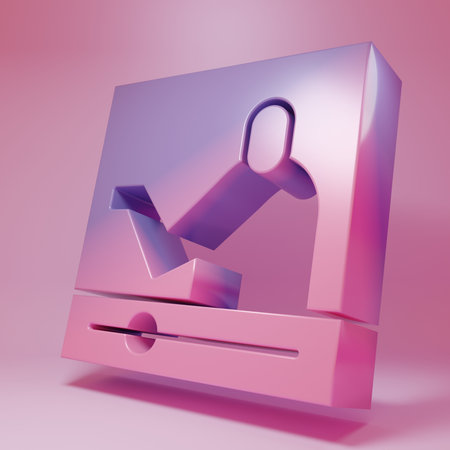 Purple-pink Online education and graduation icon isolated on pink background. Online teacher on monitor. Webinar and video seminar learning. Minimalism concept. 3D render illustration.の写真素材