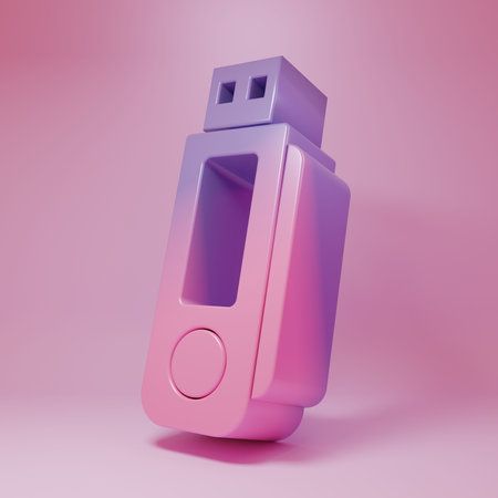 Purple-pink USB flash drive icon isolated on pink background. Minimalism concept. 3D render illustration.の写真素材
