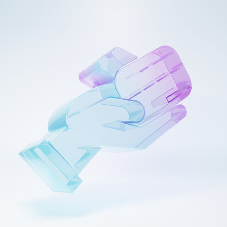 Human hand holding with credit card icon isolated on white background. Online payment. Pay by card. Financial operations. Minimalism concept. 3D render illustration.の写真素材