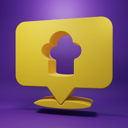 Yellow Chef hat with location icon isolated on purple background. Cooking symbol. Cooks hat. Minimalism concept. 3D render illustration.の写真素材