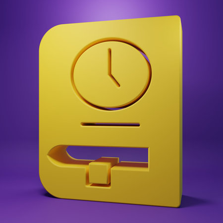 Yellow Time for book icon isolated on purple background. Minimalism concept. 3D render illustration.