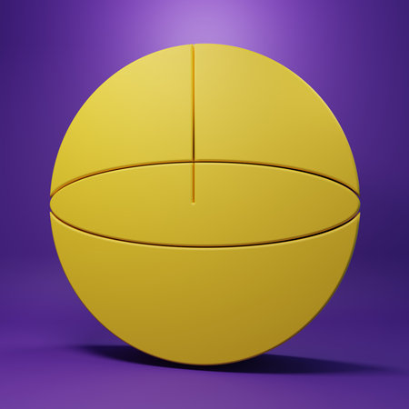 Yellow Geometric figure Sphere icon isolated on purple background. Abstract shape. Geometric ornament. Minimalism concept. 3D render illustration.の写真素材