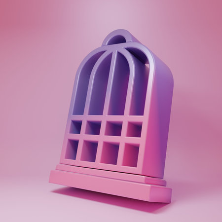 Purple-pink Cage for birds icon isolated on pink background. Minimalism concept. 3D render illustration.の写真素材