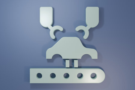 Gray Industrial machine robotic robot arm hand on car factory icon isolated on purple-blue background. Industrial automation production automobile. Minimalism concept. 3D render illustration.の写真素材