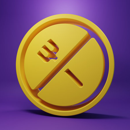 Yellow fasting icon isolated on purple background. Minimalism concept. 3D render illustration.の写真素材