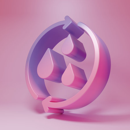 Purple-pink Recycle clean aqua icon isolated on pink background. Drop of water with sign recycling. Minimalism concept. 3D render illustration.の写真素材