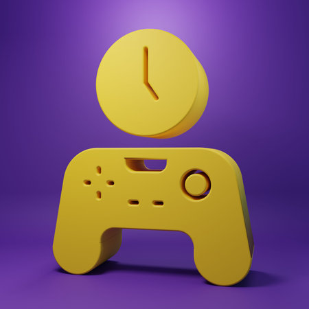 Yellow Gamepad of time icon isolated on purple background. Time to play games. Game controller....