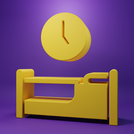 Yellow Time to sleep icon isolated on purple background. Minimalism concept. 3D render illustration.の写真素材
