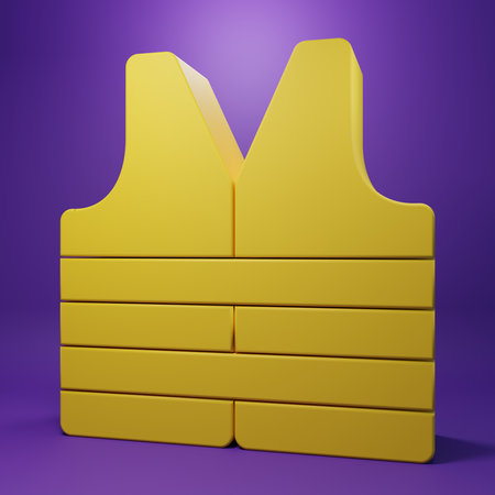 Yellow Life jacket icon isolated on purple background. Life vest icon. Extreme sport. Sport equipment. Minimalism concept. 3D render illustration.の写真素材