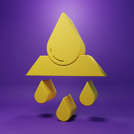 Yellow Recycle clean aqua icon isolated on purple background. Drop of water with sign recycling. Minimalism concept. 3D render illustration.の写真素材