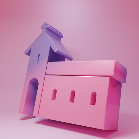 Purple-pink Church building icon isolated on pink background. Christian Church. Religion of church. Minimalism concept. 3D render illustration.の写真素材
