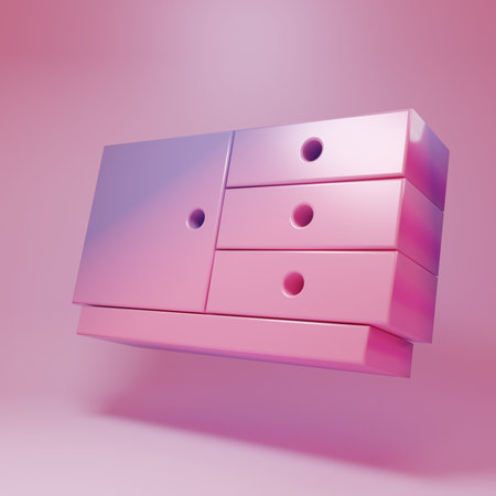Purple-pink Chest of drawers icon isolated on pink background. Minimalism concept. 3D render illustration.の写真素材