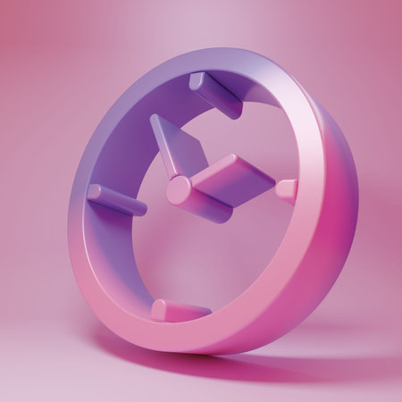Purple-pink Clock icon isolated on pink background. Time symbol. Minimalism concept. 3D render...