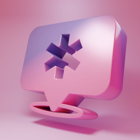 Purple-pink Medical map pointer with cross hospital icon isolated on pink background. Minimalism concept. 3D render illustration.の写真素材