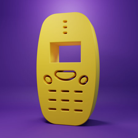 Yellow Old vintage keypad mobile phone icon isolated on purple background. Retro cellphone device....