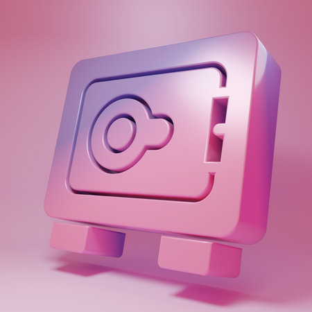 Purple-pink Safe icon isolated on pink background. The door safe a bank vault with a combination lock. Reliable Data Protection. Minimalism concept. 3D render illustration.の写真素材