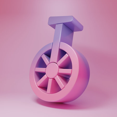 Purple-pink Unicycle or one wheel bicycle icon isolated on pink background. Monowheel bicycle. Minimalism concept. 3D render illustration.の写真素材