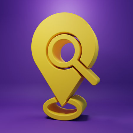 Yellow Search location icon isolated on purple background. Magnifying glass with pointer sign. Minimalism concept. 3D render illustration.の写真素材