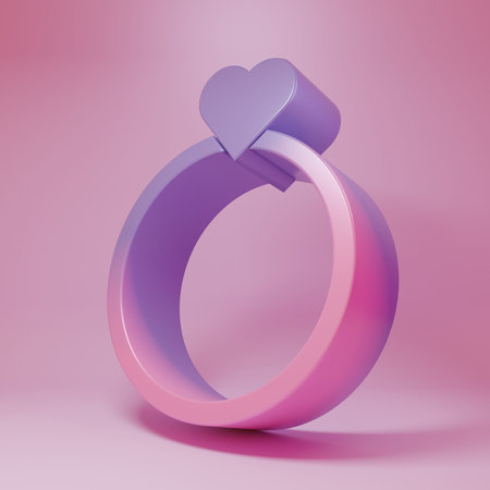 Purple-pink Wedding rings icon isolated on pink background. Bride and groom jewelry sign. Marriage symbol. Diamond ring. Minimalism concept. 3D render illustration.の写真素材