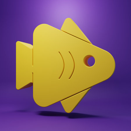 Yellow Fish icon isolated on purple background. Minimalism concept. 3D render illustration.の写真素材