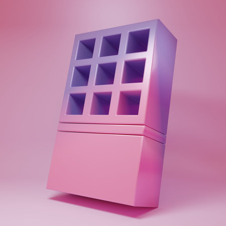 Purple-pink Chocolate bar icon isolated on pink background. Minimalism concept. 3D render illustration.の写真素材