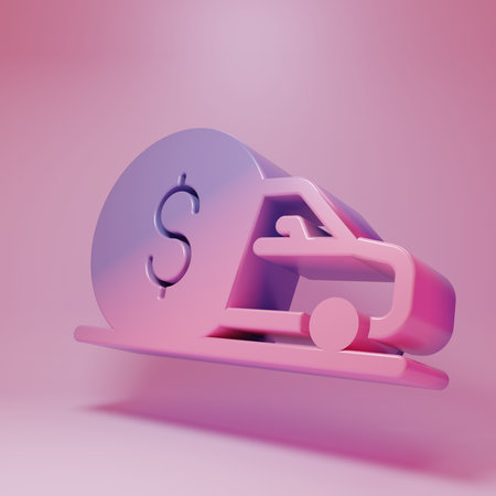 Purple-pink Car rental icon isolated on pink background. Rent a car sign. Key with car. Concept for automobile repair service. Minimalism concept. 3D render illustration.の写真素材
