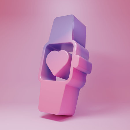 Purple-pink Smart watch showing heart beat rate icon isolated on pink background. Fitness App...