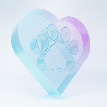 Frosted glass Heart with animals footprint icon isolated on white background. Pet paw in heart. Love to the animals. Minimalism concept. 3D render illustration.の写真素材
