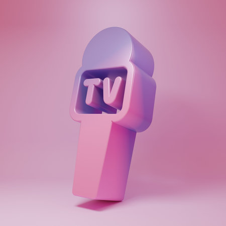 Purple-pink Microphone icon isolated on pink background. Speaker sign. Minimalism concept. 3D render illustration.の写真素材