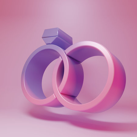 Purple-pink Wedding rings icon isolated on pink background. Bride and groom jewelery sign. Marriage icon. Diamond ring icon. Minimalism concept. 3D render illustration.の写真素材